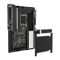 Carte mère NZXT N9 Z890 Intel LGA1851 DDR5 ATX WiFi 7 Noir, vue en angle: support PCIe amovible, dissipateur nervuré