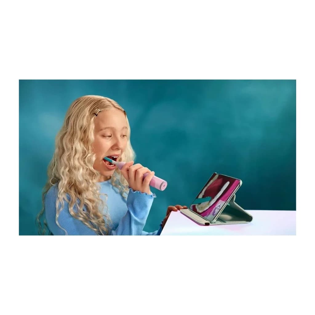 Escova Elétrica Philips Sonicare For Kids Sem Fios 21 dias Rosa HX6600/11, uso: menina a escovar os dentes com tablet de guia