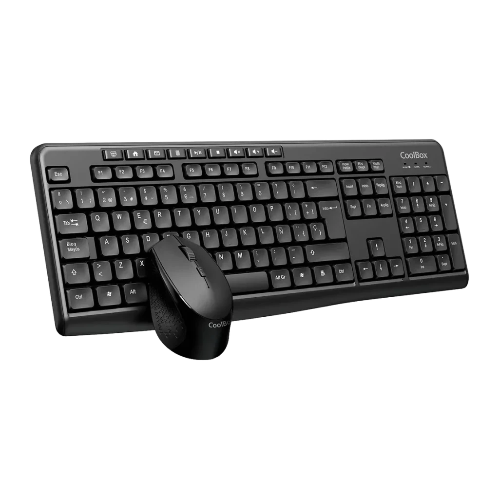 Combo Clavier et Souris CoolBox Noir Sans Fil Silencieux COO-KTR-03W, vue de face en angle: clavier complet avec souris