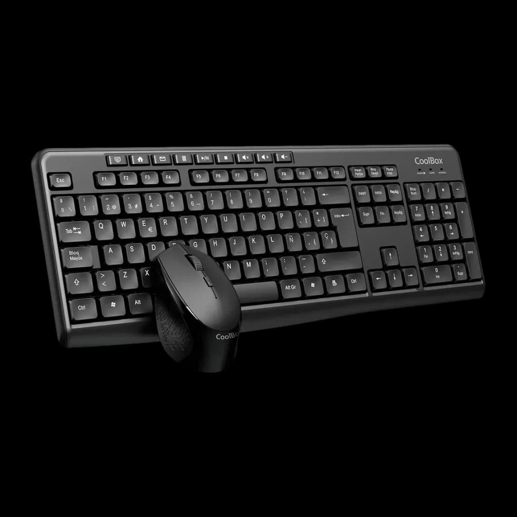 Combo Clavier et Souris CoolBox Noir Sans Fil Silencieux COO-KTR-03W, vue de face en angle: clavier complet avec souris