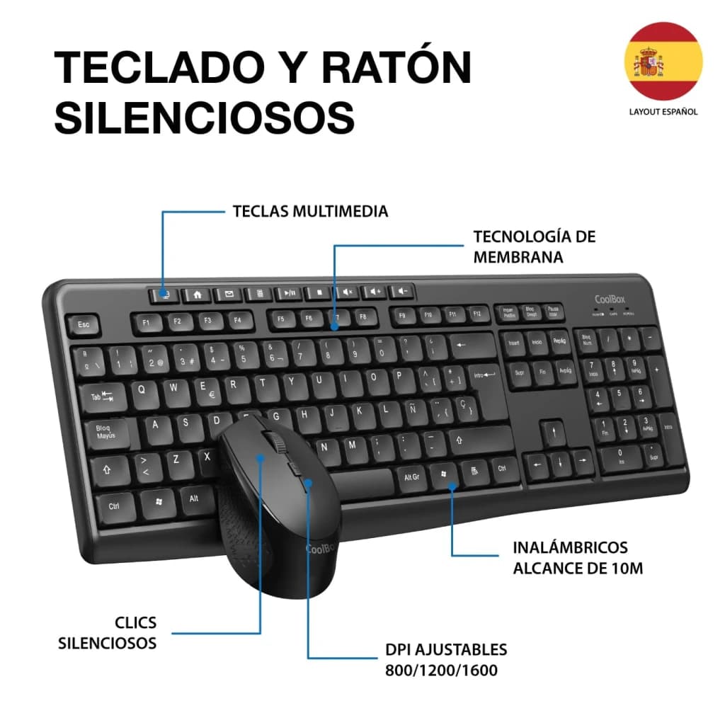 Combo Clavier et Souris CoolBox Noir Sans Fil Silencieux COO-KTR-03W, infographie: touches multimédia, membrane, DPI