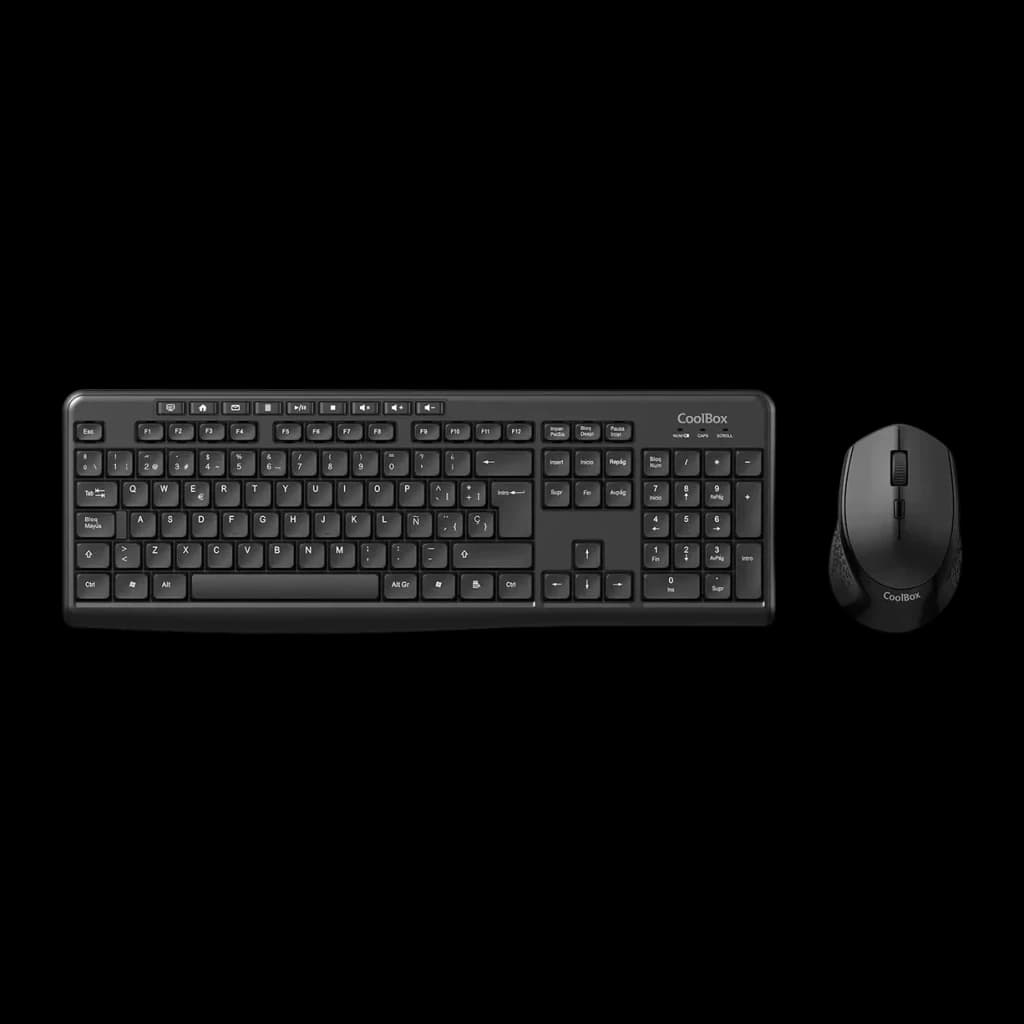 Combo Clavier et Souris CoolBox Noir Sans Fil Silencieux COO-KTR-03W, vue dessus: clavier complet avec pavé numérique