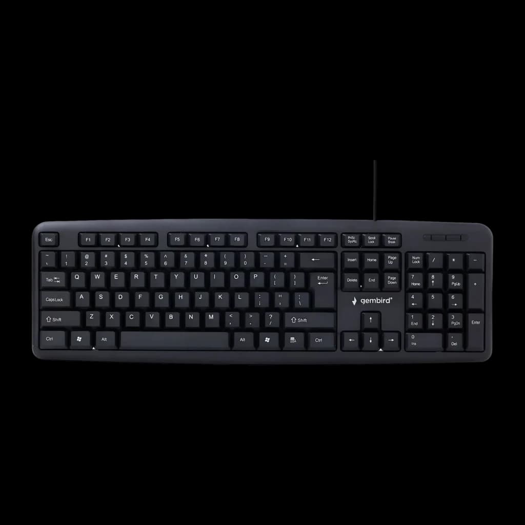 Teclado Gembird Preto USB Espanhol KB-U-103-ES, vista superior: disposição completa de teclas com teclado numérico e cabo USB
