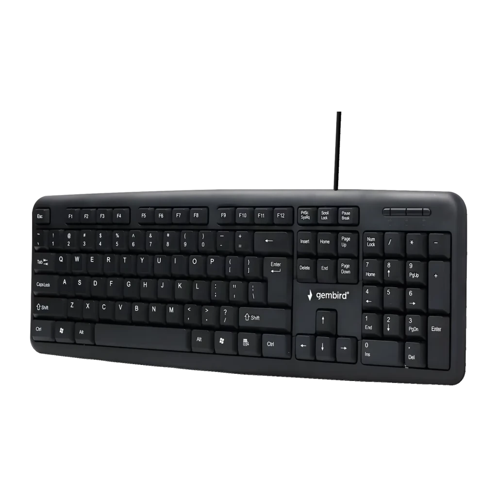 Clavier Gembird Noir USB Espagnol KB-U-103-ES, vue en angle: touches blanches, pavé numérique et câble USB visibles