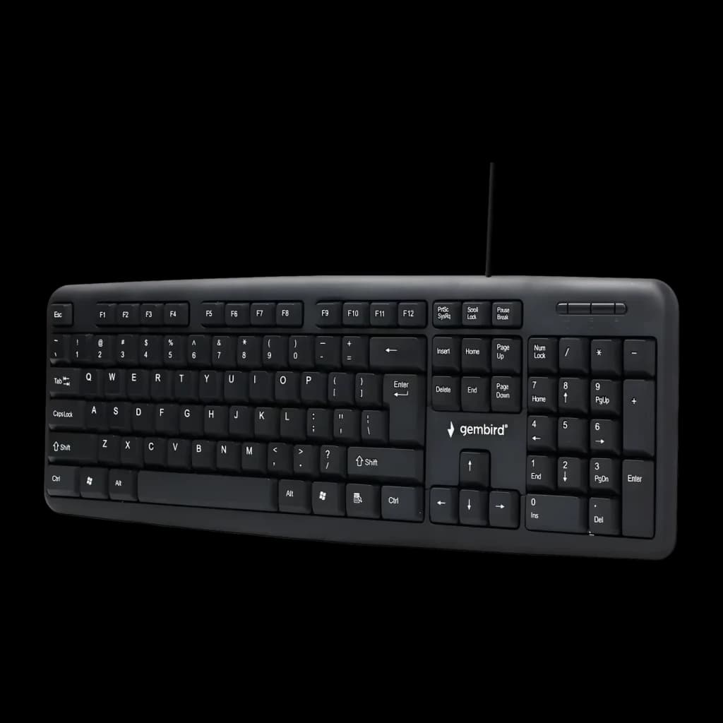 Teclado Gembird Preto USB Espanhol KB-U-103-ES, vista em ângulo: teclas brancas, teclado numérico e cabo USB visíveis