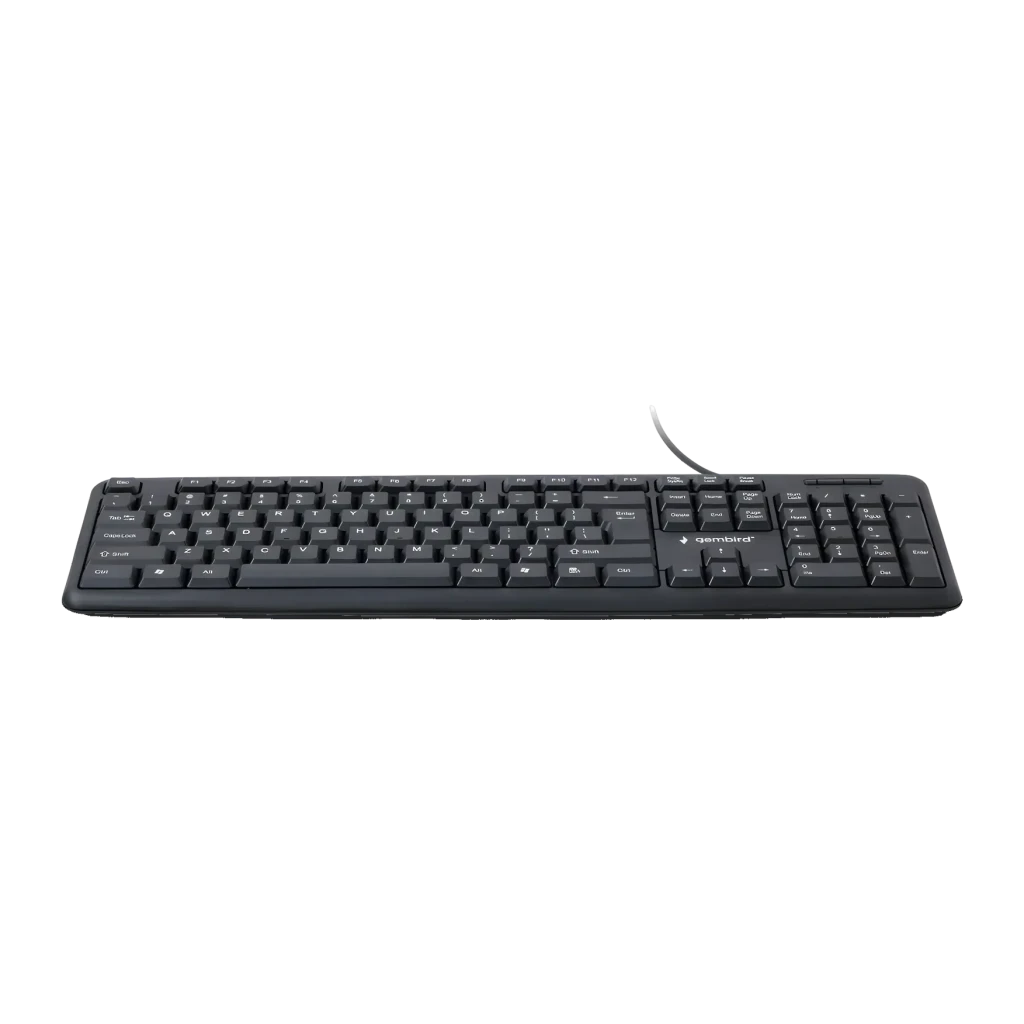 Clavier Gembird Noir USB Espagnol KB-U-103-ES, vue latérale: profil bas avec câble USB et disposition complète