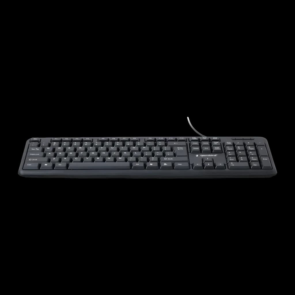 Teclado Gembird Preto USB Espanhol KB-U-103-ES, vista lateral: perfil baixo com cabo USB e disposição completa