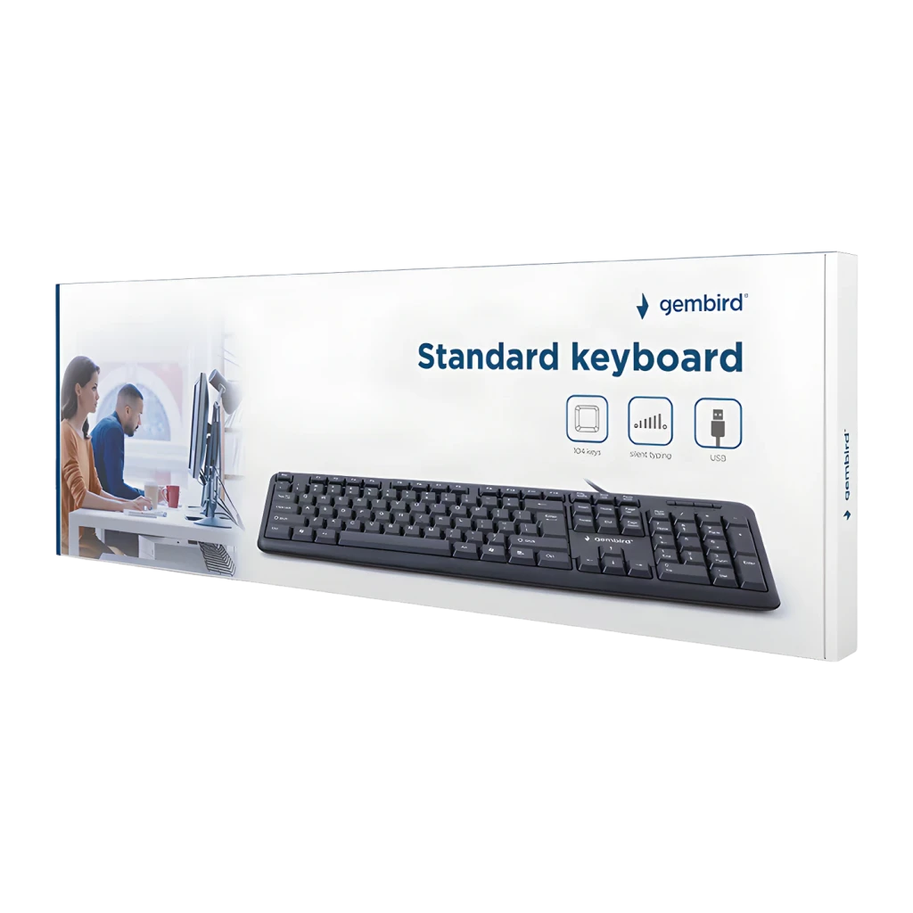 Clavier Gembird Noir USB Espagnol KB-U-103-ES, boîte: emballage en angle avec clavier et icônes USB visibles
