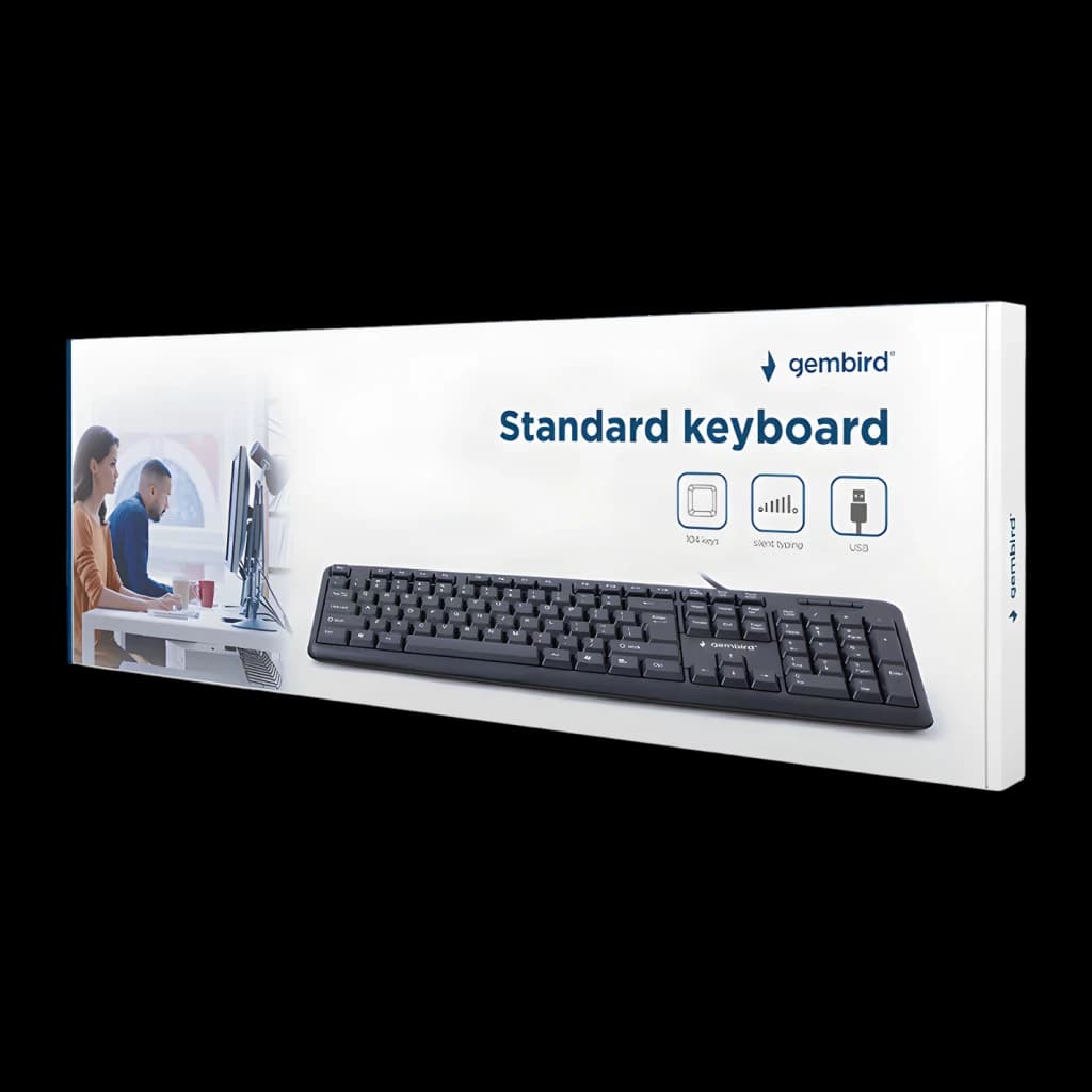 Teclado Gembird Preto USB Espanhol KB-U-103-ES, caixa: embalagem em ângulo com teclado e ícones USB visíveis