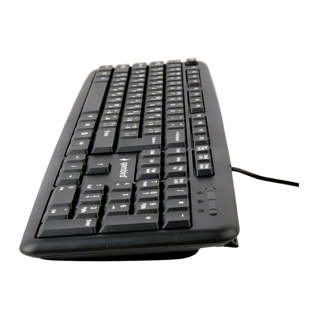 Clavier Gembird Noir USB Espagnol KB-U-103-ES, vue en perspective: touches à inscriptions blanches, disposition espagnole