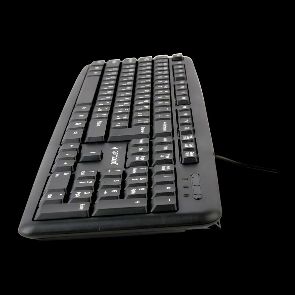 Teclado Gembird Preto USB Espanhol KB-U-103-ES, vista em perspectiva: teclas com legendas brancas, layout espanhol e teclado