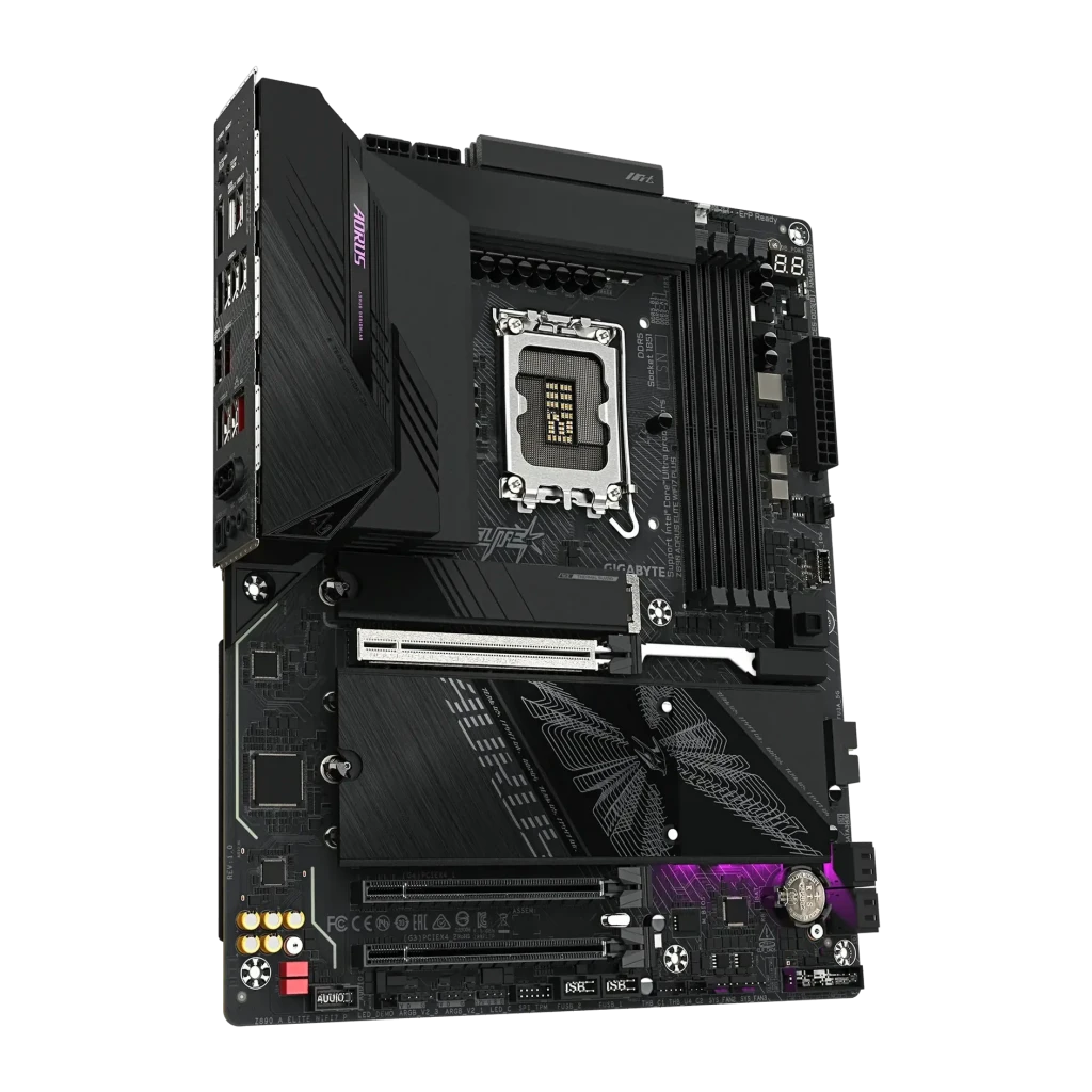 Placa base Gigabyte Z890 AORUS Elite WIFI7 Plus Intel LGA1851 DDR5 ATX WiFi 7 Negro, vista en ángulo: socket LGA1851