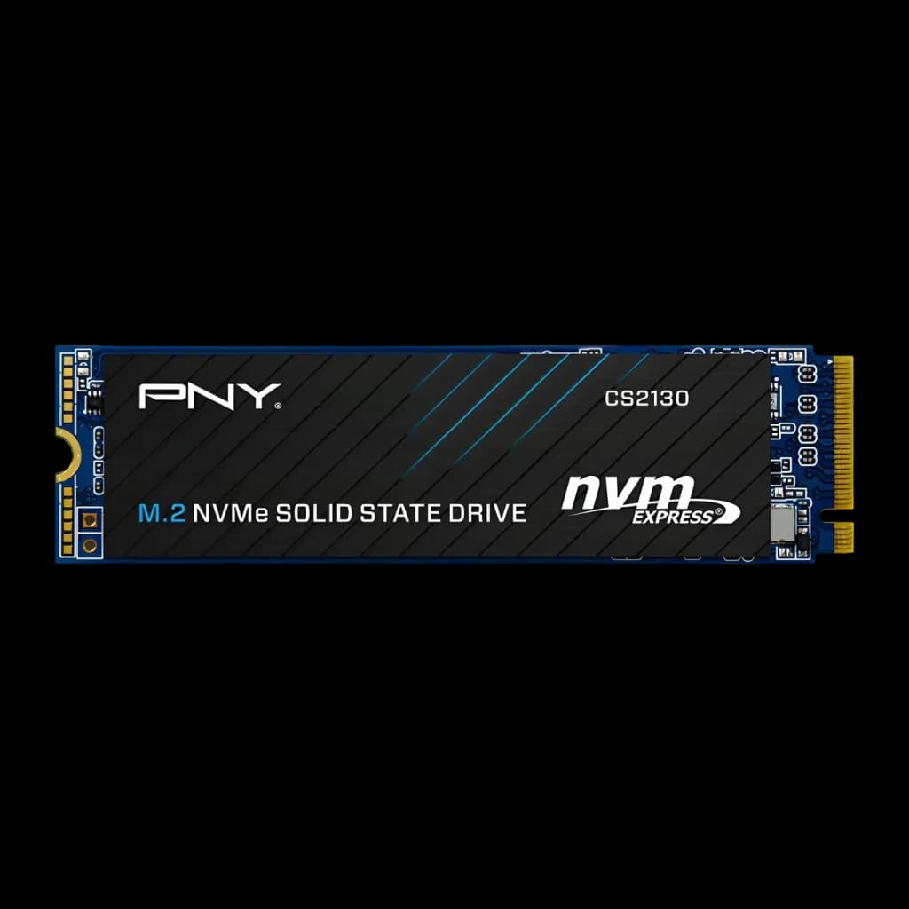 SSD PNY CS2130 2TB M.2 NVMe PCIe Gen3 Negro, vista frontal: etiqueta negra con logo PNY, texto CS2130 y conector dorado M.2