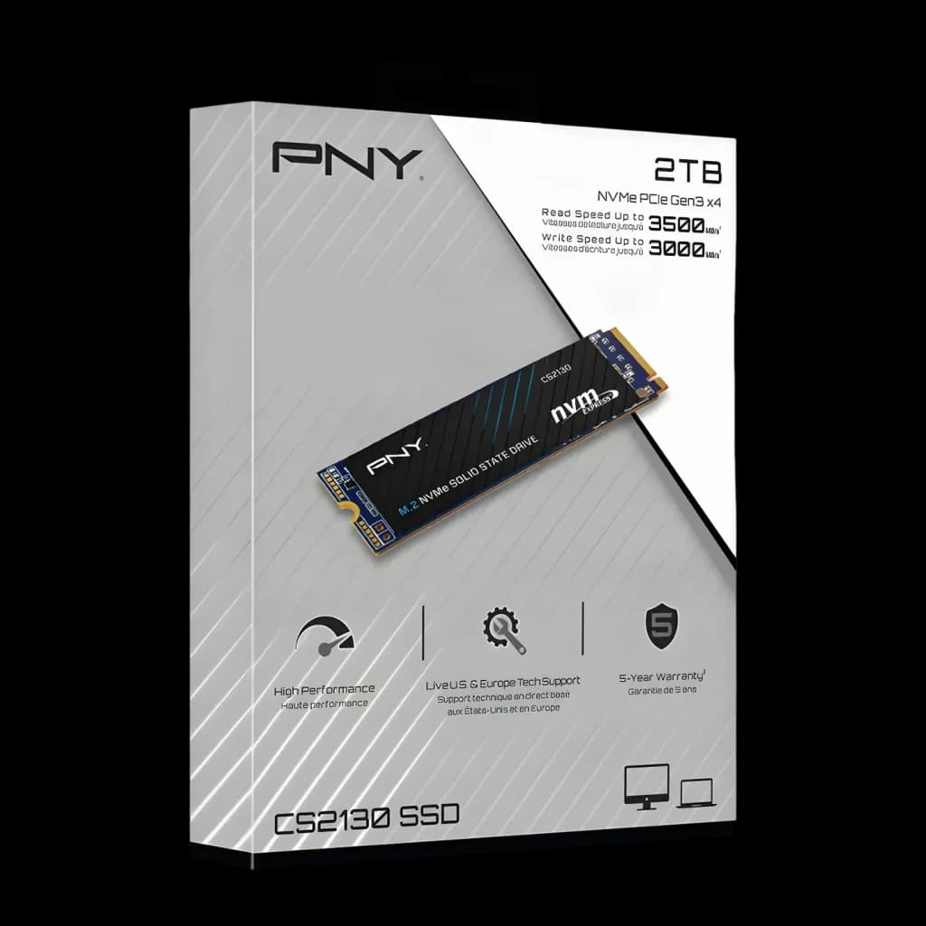 SSD PNY CS2130 2TB M.2 NVMe PCIe Gen3 Negro, caja: packaging frontal en ángulo con unidad y velocidades 3500/3000 MB/s