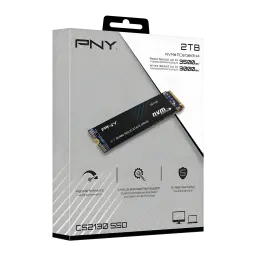 SSD PNY CS2130 2TB M.2 NVMe PCIe Gen3 Negro, caja: packaging frontal en ángulo con unidad y velocidades 3500/3000 MB/s