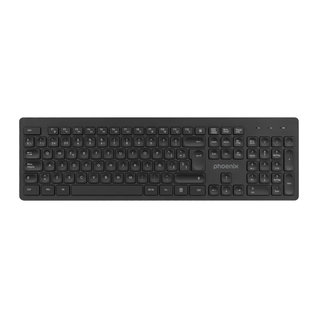 Clavier sans fil Phoenix Technologies K200 Noir QWERTY Espagnol, vue de dessus: disposition complète des touches avec pavé