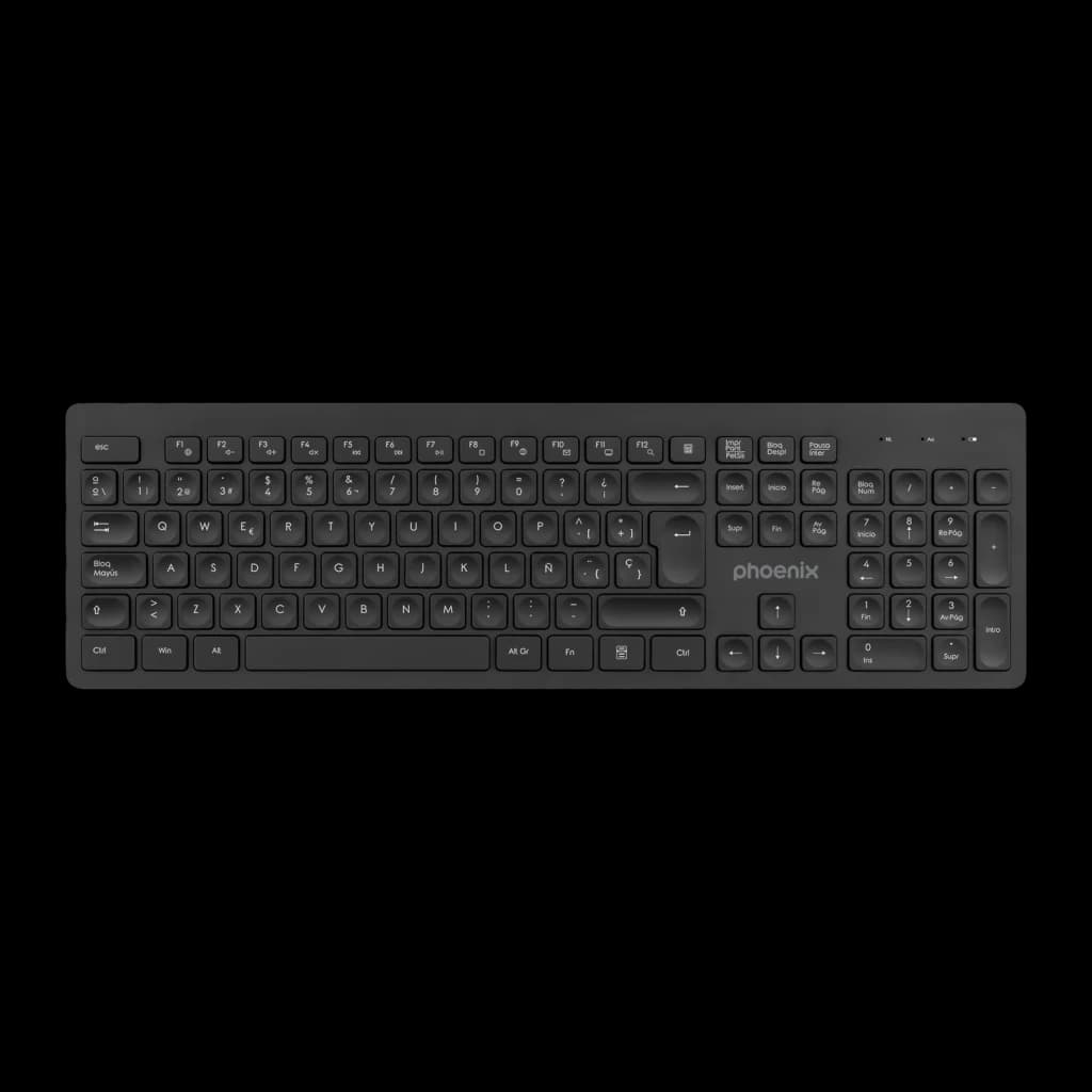Clavier sans fil Phoenix Technologies K200 Noir QWERTY Espagnol, vue de dessus: disposition complète des touches avec pavé