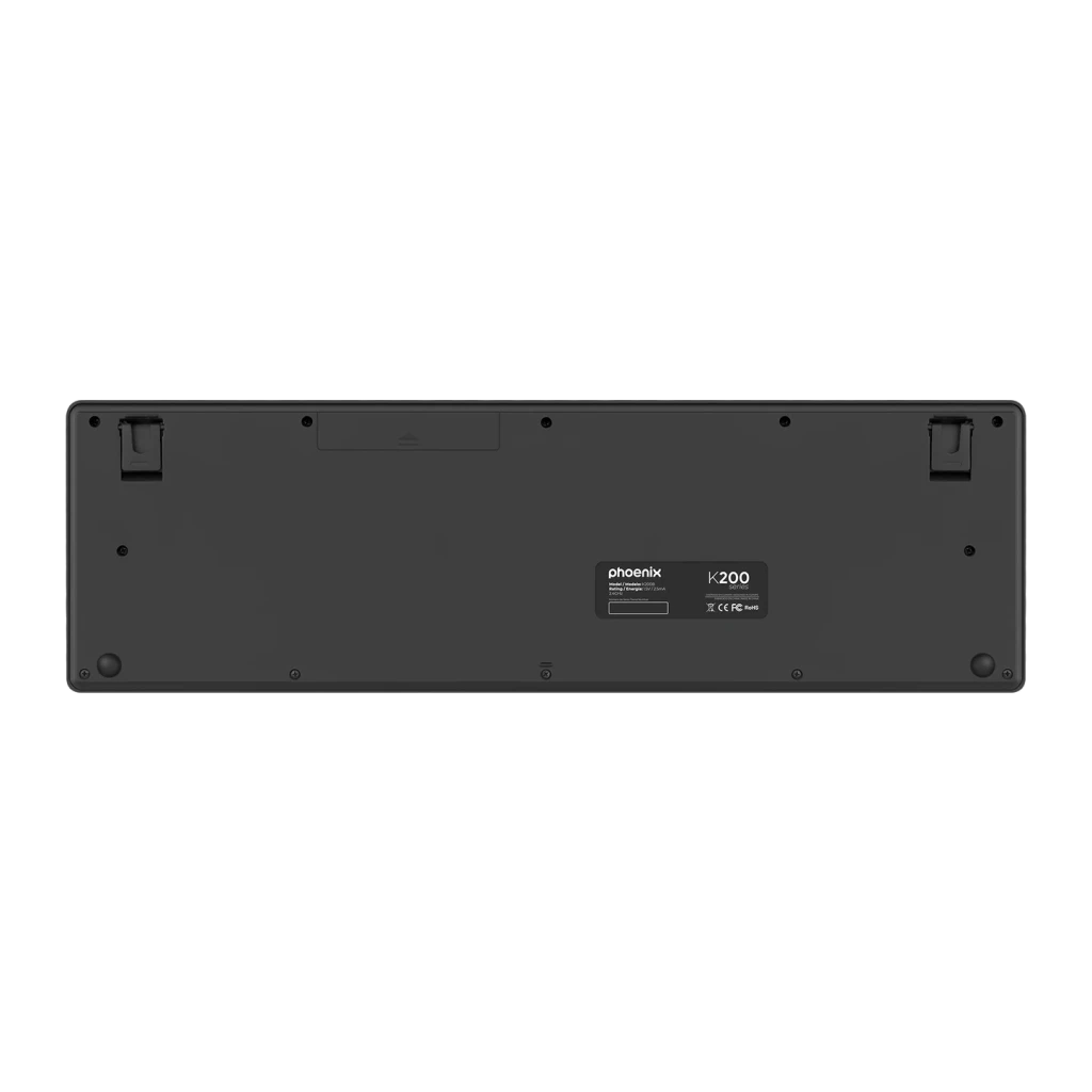 Clavier sans fil Phoenix Technologies K200 Noir QWERTY Espagnol, vue inférieure: base avec étiquette K200, pieds repliables