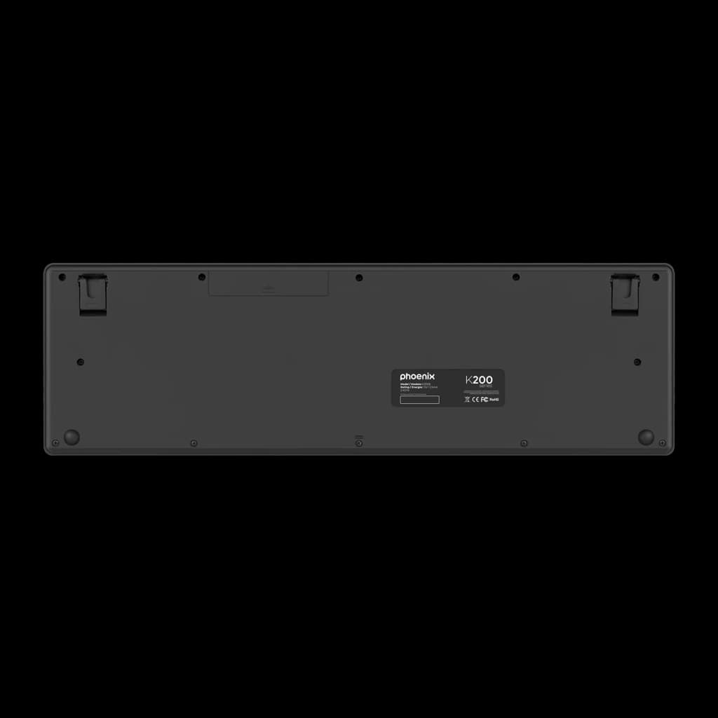 Clavier sans fil Phoenix Technologies K200 Noir QWERTY Espagnol, vue inférieure: base avec étiquette K200, pieds repliables