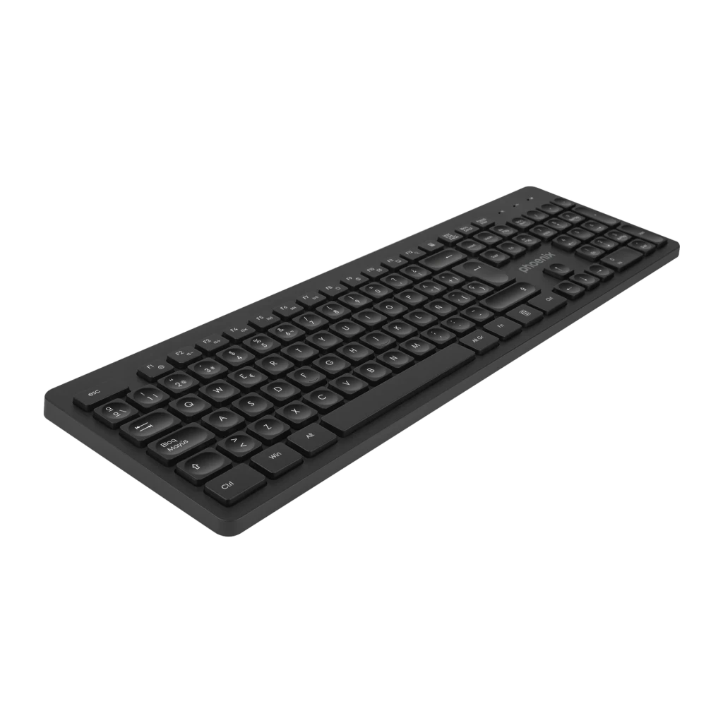 Clavier sans fil Phoenix Technologies K200 Noir QWERTY Espagnol, vue en perspective: touches à profil bas et design compact