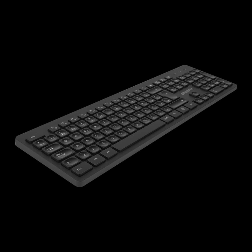 Clavier sans fil Phoenix Technologies K200 Noir QWERTY Espagnol, vue en perspective: touches à profil bas et design compact