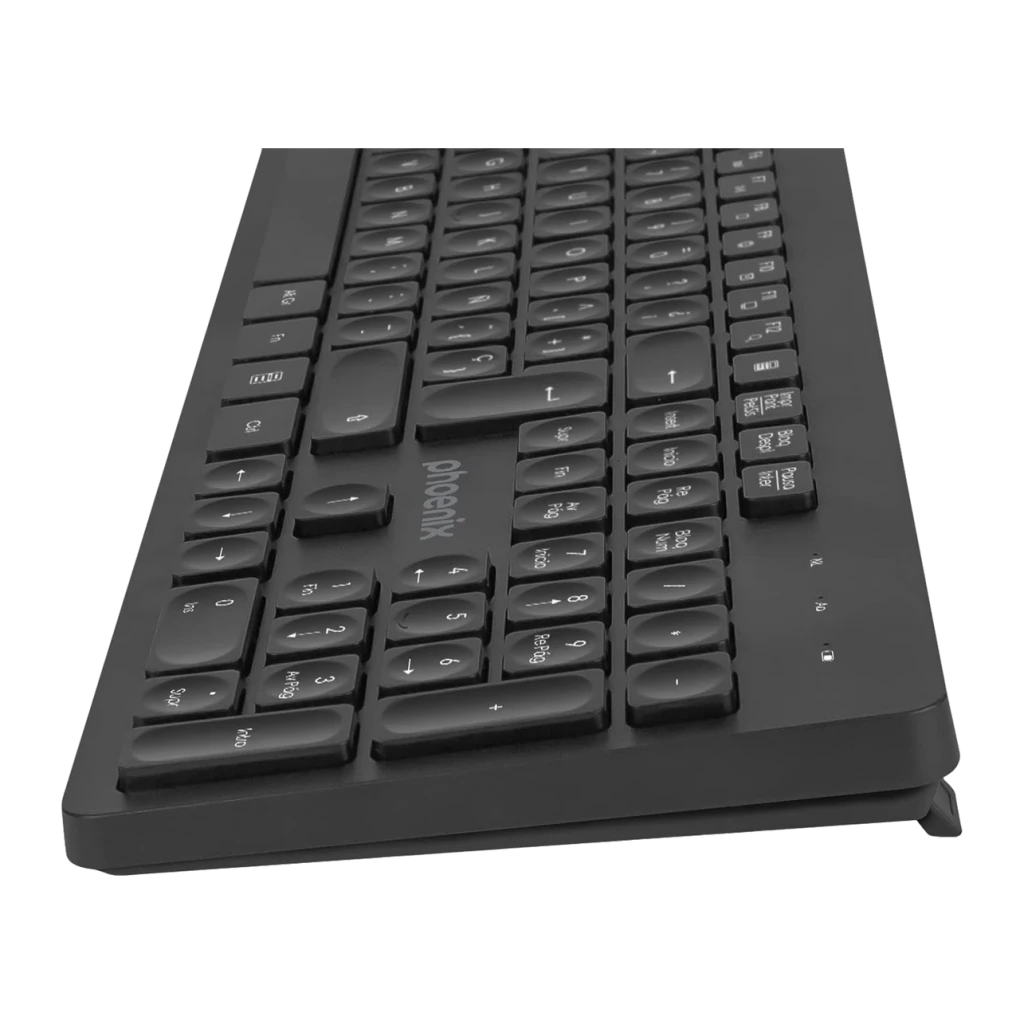 Clavier sans fil Phoenix Technologies K200 Noir QWERTY Espagnol, vue en perspective: pavé numérique et logo Phoenix visibles