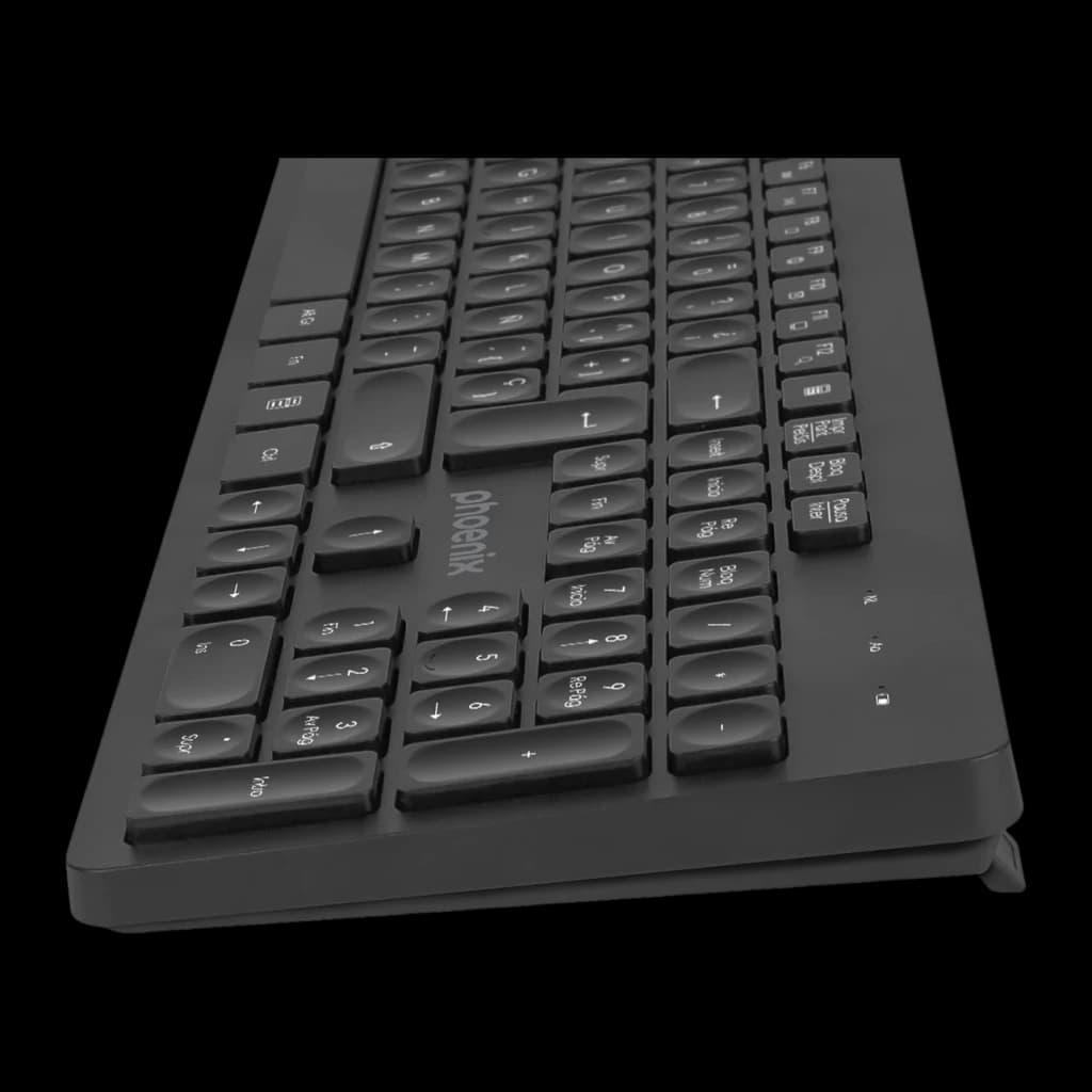 Clavier sans fil Phoenix Technologies K200 Noir QWERTY Espagnol, vue en perspective: pavé numérique et logo Phoenix visibles