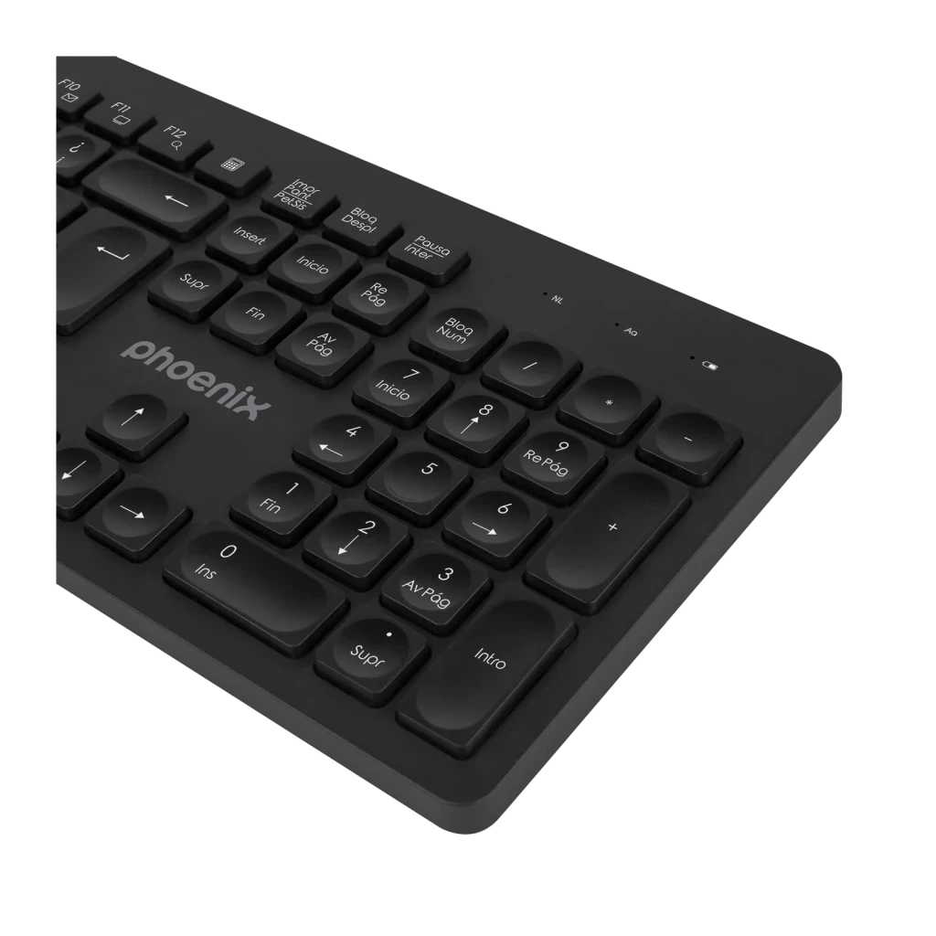 Clavier sans fil Phoenix Technologies K200 Noir QWERTY Espagnol, détail: pavé numérique et logo phoenix en angle latéral