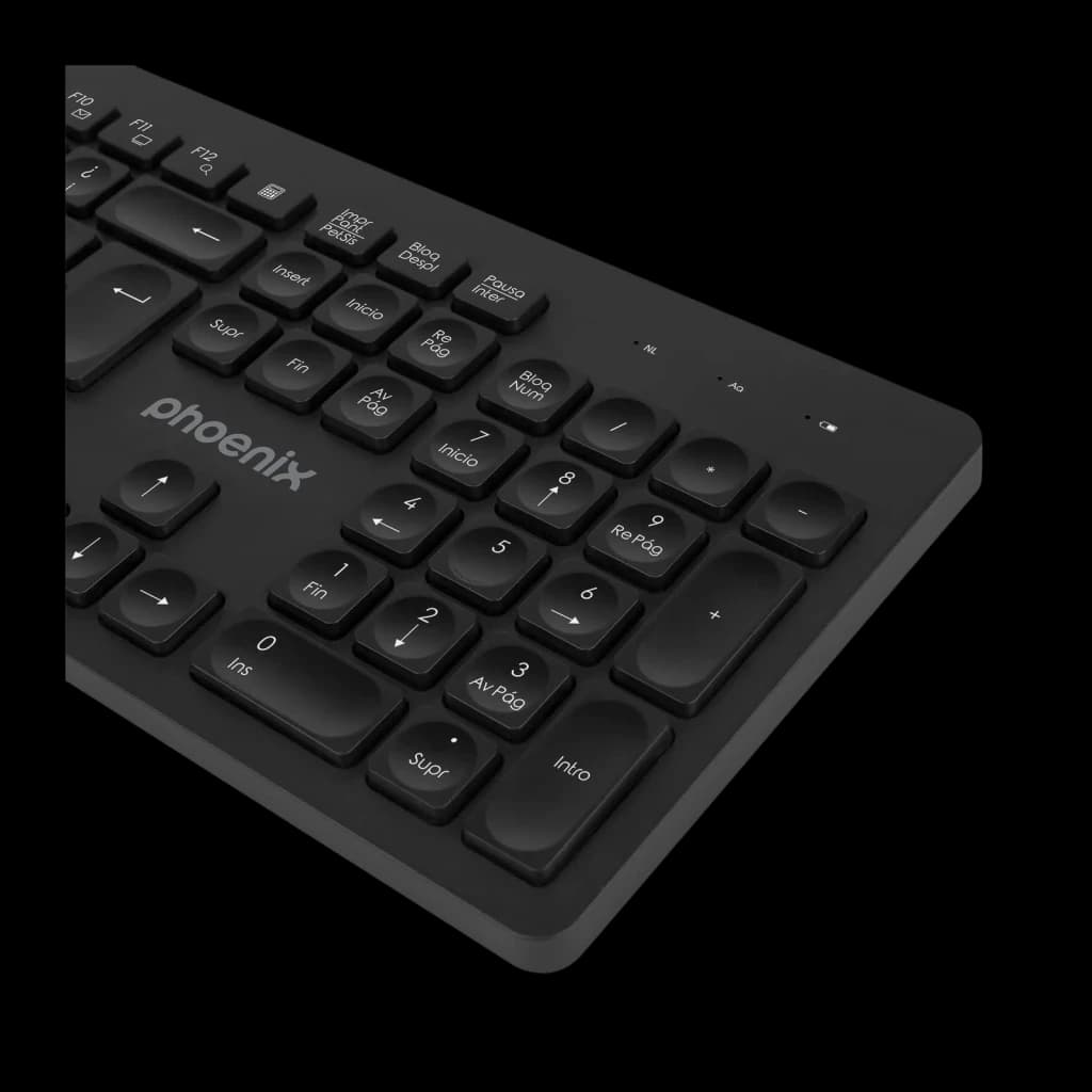 Clavier sans fil Phoenix Technologies K200 Noir QWERTY Espagnol, détail: pavé numérique et logo phoenix en angle latéral