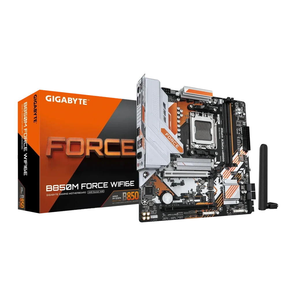 Placa base Gigabyte B850M Force WiFi 6E AMD B850 AM5 DDR5 mATX Marrón, vista principal: placa y caja naranja con socket AM5