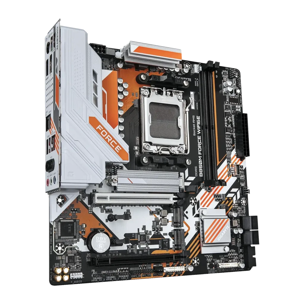 Placa base Gigabyte B850M Force WiFi 6E AMD B850 AM5 DDR5 mATX Marrón, vista angular: socket AM5, disipadores y diseño