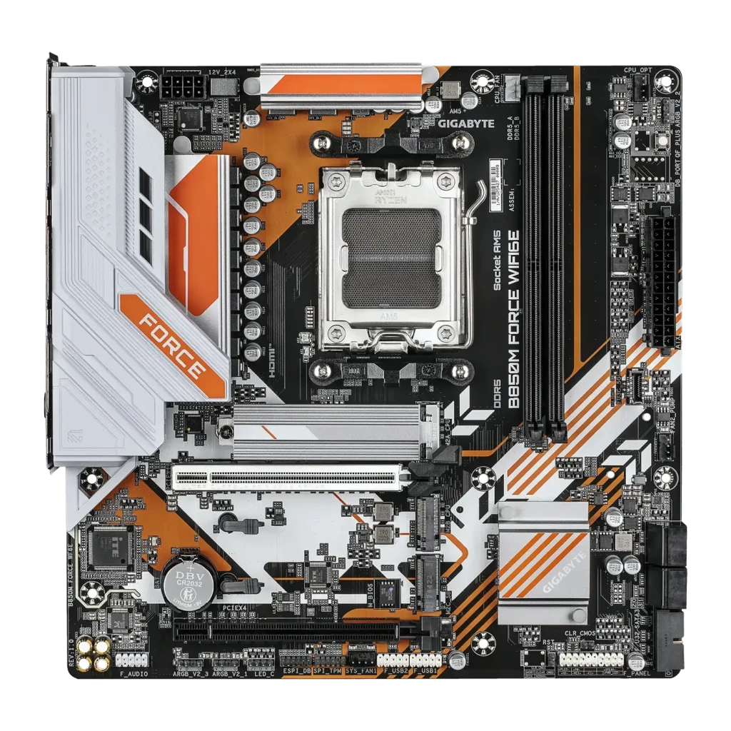 Placa base Gigabyte B850M Force WiFi 6E AMD B850 AM5 DDR5 mATX Marrón, vista frontal: socket AM5, disipadores VRM y ranuras