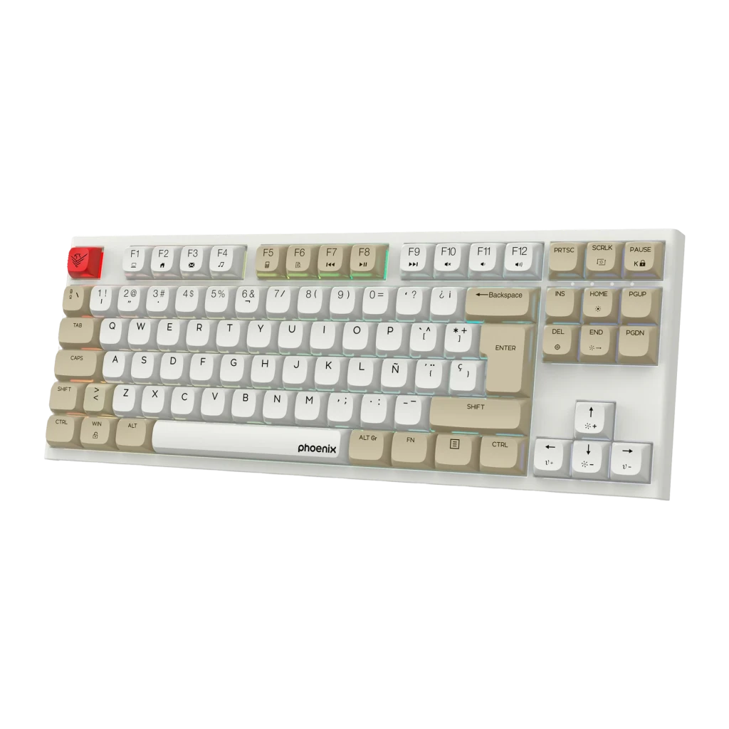 Teclado Gaming Phoenix Royal TKL RGB Mecánico Outemu Brown Español ISO Beige, vista frontal en ángulo: teclas beige