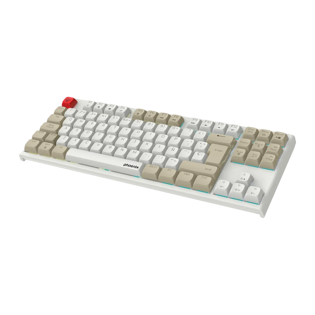 Teclado Gaming Phoenix Royal TKL RGB Mecánico Outemu Brown Español ISO Beige, vista lateral: keycaps beige y blancas, tecla
