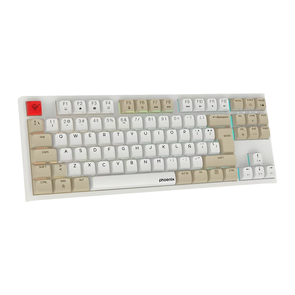 Teclado Gaming Phoenix Royal TKL RGB Mecánico Outemu Brown Español ISO Beige, vista angular: teclas beige y blancas, Escape
