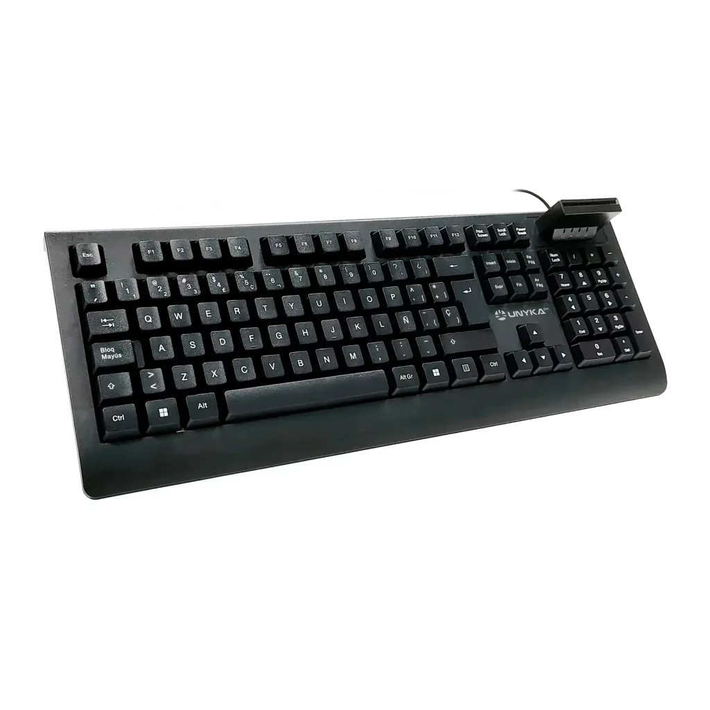 Clavier UNYKAch KB918 Smartcard DNIe Membrane Espagnol Complet 100 % Noir, vue diagonale: lecteur de carte en haut à droite