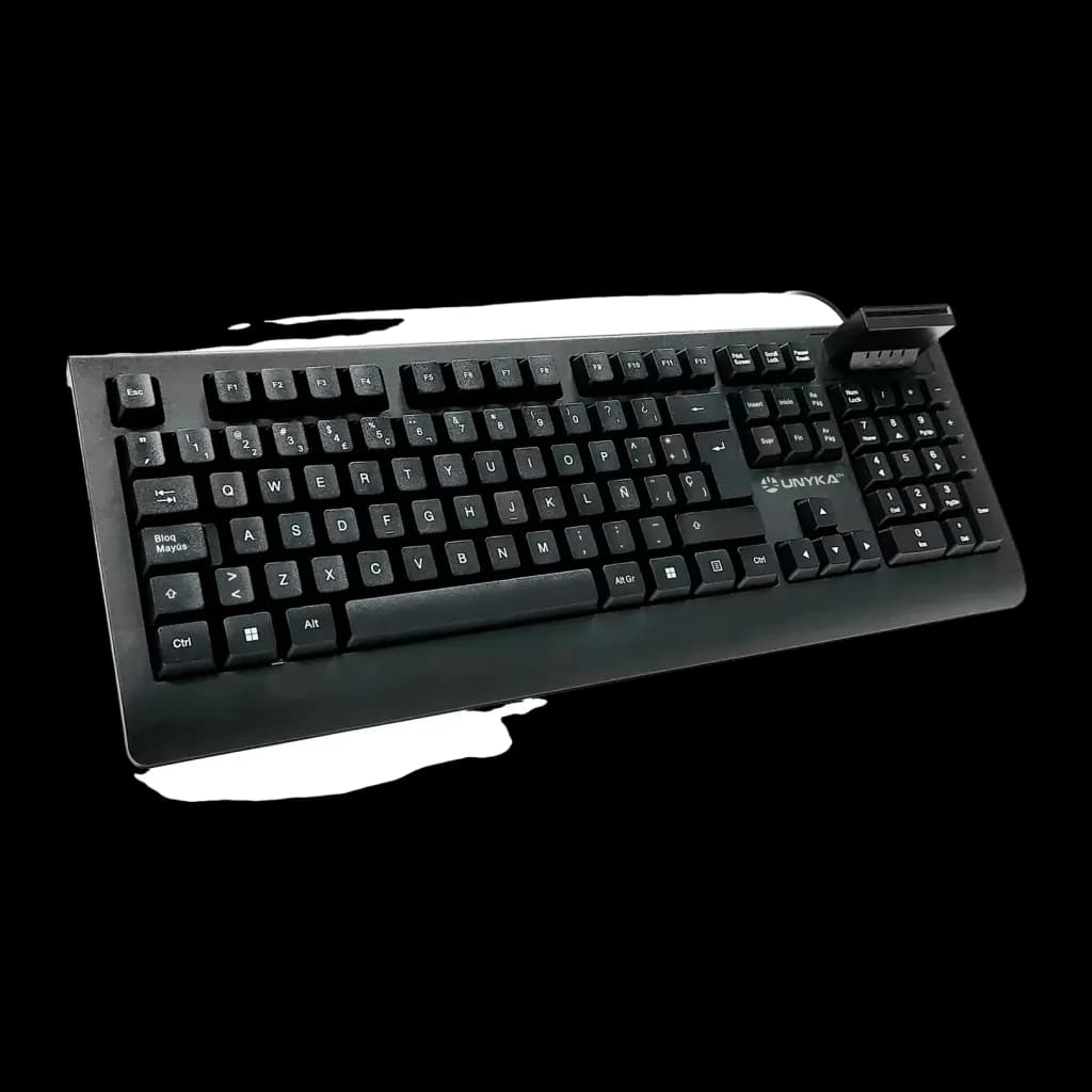 Clavier UNYKAch KB918 Smartcard DNIe Membrane Espagnol Complet 100 % Noir, vue diagonale: lecteur de carte en haut à droite