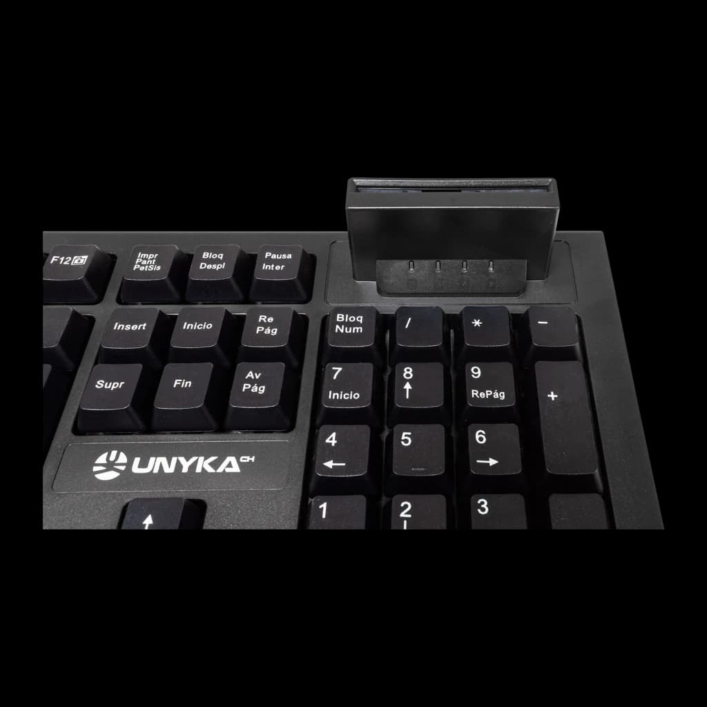 Clavier UNYKAch KB918 Smartcard DNIe Membrane Espagnol Complet 100 % Noir, détail: lecteur carte DNIe au-dessus du pavé