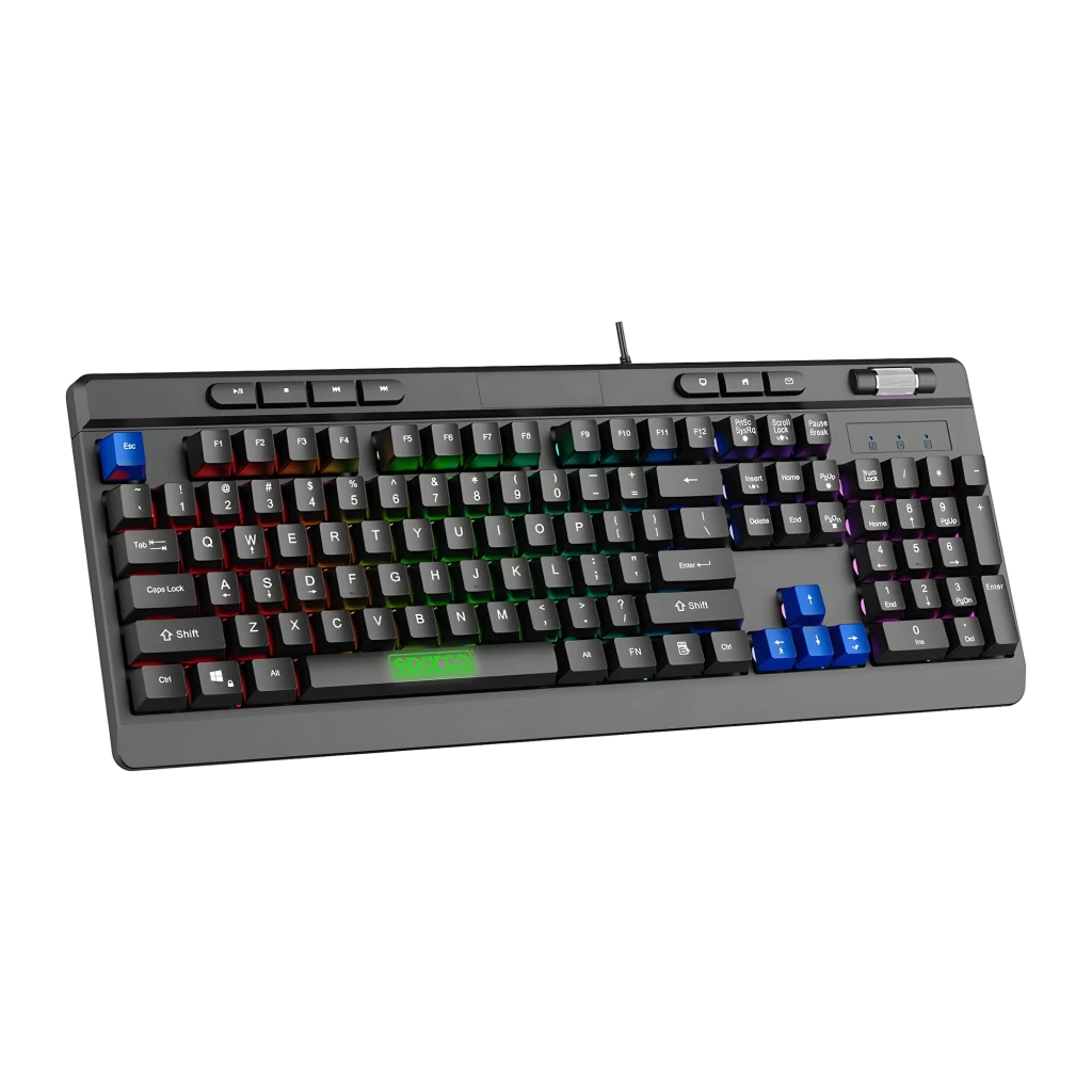 Teclado Sparco Stealth Membrana RGB Espanhol Preto, vista frontal em ângulo: retroiluminação RGB, teclas azuis em destaque