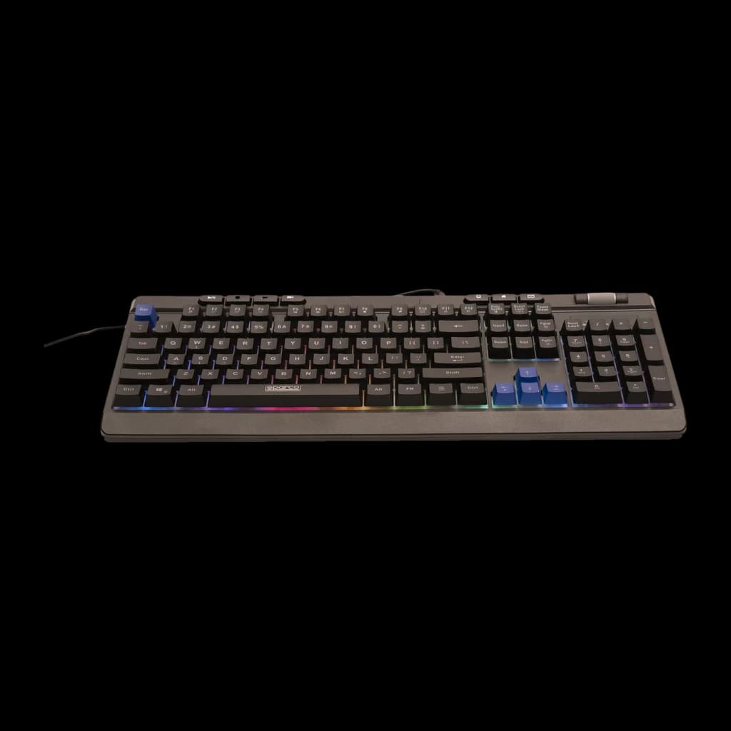 Teclado Sparco Stealth Membrana RGB Espanhol Preto, vista em ângulo: retroiluminação RGB acesa sob as teclas em fundo escuro