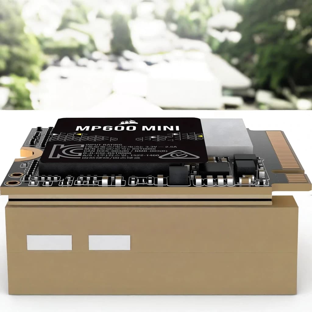 SSD Corsair MP600 Mini 1To M.2 2230 PCIe 4.0 NVMe Noir, en utilisation: vue avant surélevée sur boîte, étiquette noire