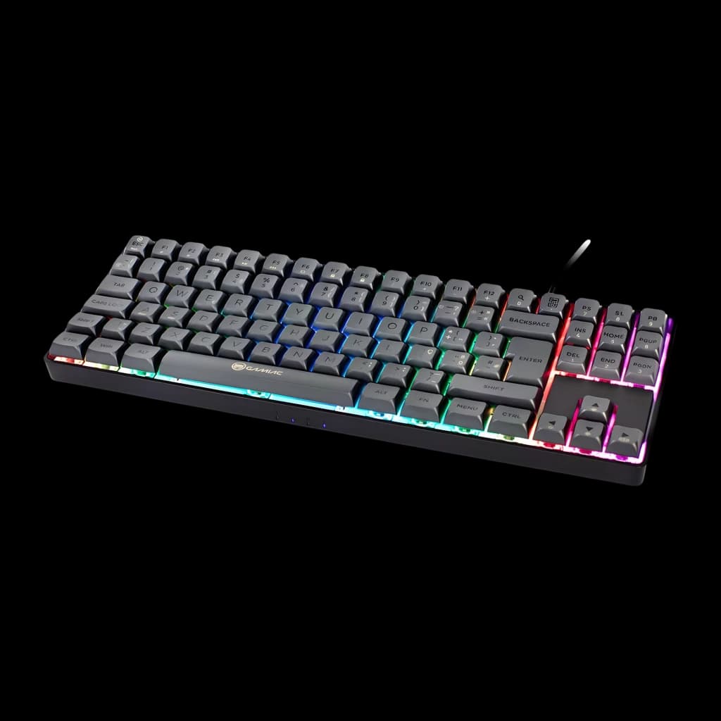 Clavier Gaming GAMIAC TKL90G Mécanique Kailh Blue RGB Espagnol TKL Noir, vue perspective: touches grises avec rétroéclairage