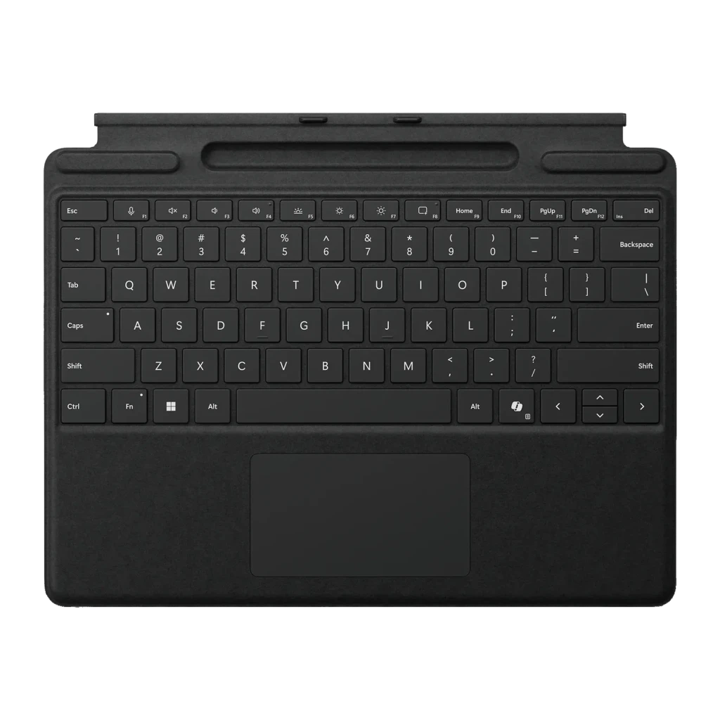 Teclado Microsoft Surface Pro Keyboard con Touchpad y Alcántara Magnético Negro, vista frontal: teclas QWERTY, touchpad