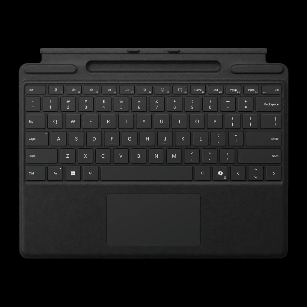 Teclado Microsoft Surface Pro Keyboard con Touchpad y Alcántara Magnético Negro, vista frontal: teclas QWERTY, touchpad