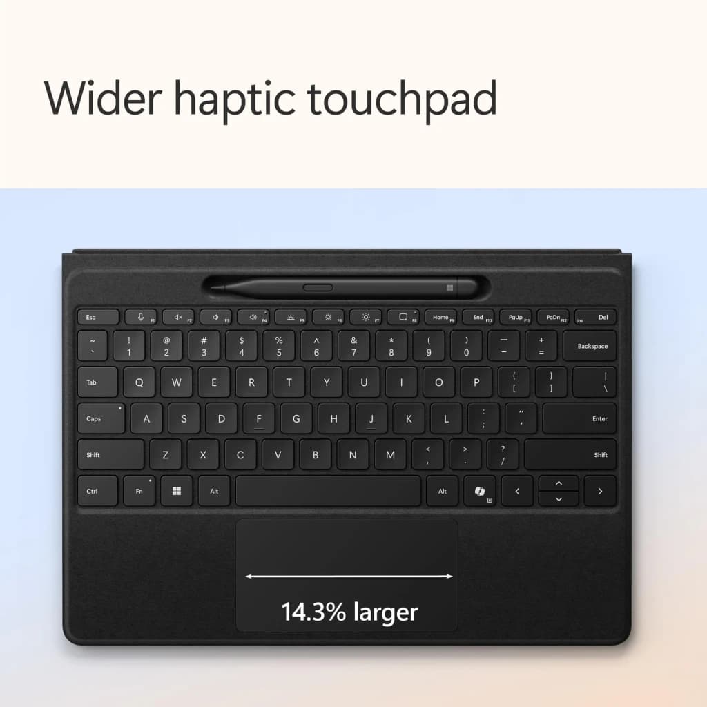 Teclado Microsoft Surface Pro Keyboard con Touchpad y Alcántara Magnético Negro, vista superior: touchpad háptico ampliado