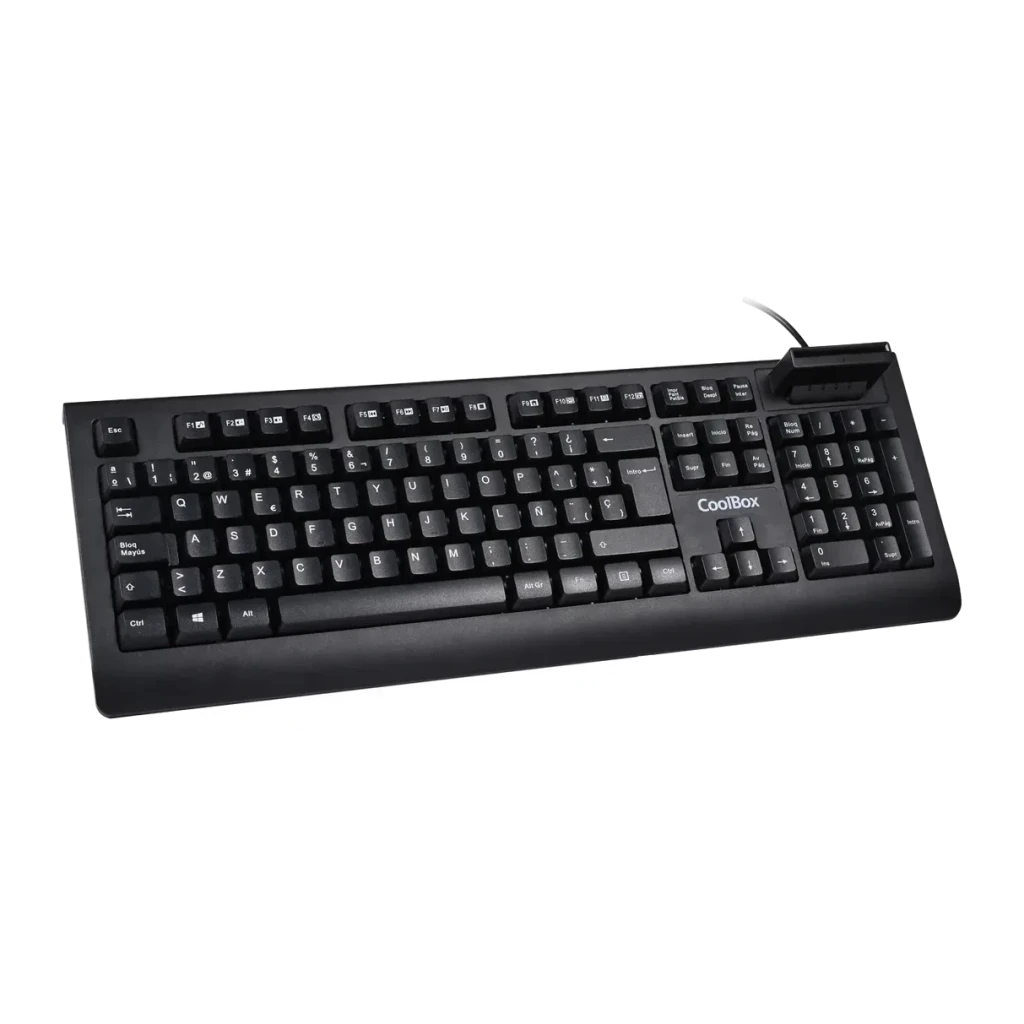 Clavier CoolBox Noir USB avec câble 1,5 m Lecteur DNIe intégré COO-TEC04DNI V4, vue de face en angle: disposition complète