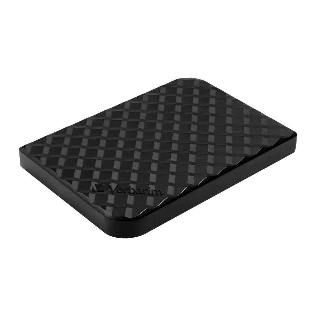 Disque Dur Externe Verbatim Store 'n' Go 4To USB 3.0 Noir, vue en perspective: texture losange en relief et logo Verbatim