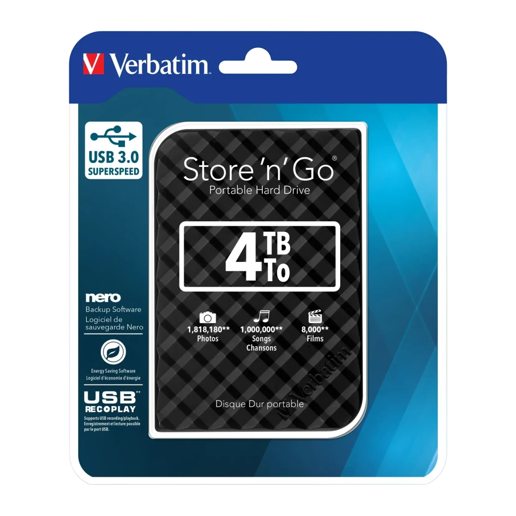 Disque Dur Externe Verbatim Store 'n' Go 4To USB 3.0 Noir, emballage retail: blister bleu avec disque visible et capacité