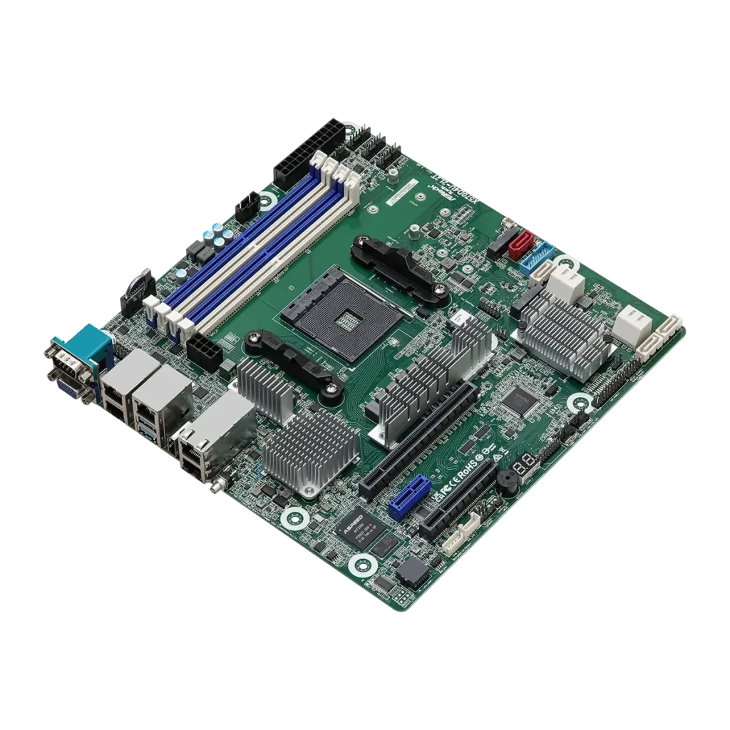 Placa-mãe ASRock AMD X570 AM4 DDR4 Micro ATX 4x LAN 10GbE Verde X570D4U-2L2T/BCM, vista isométrica: socket AM4, slots DDR4