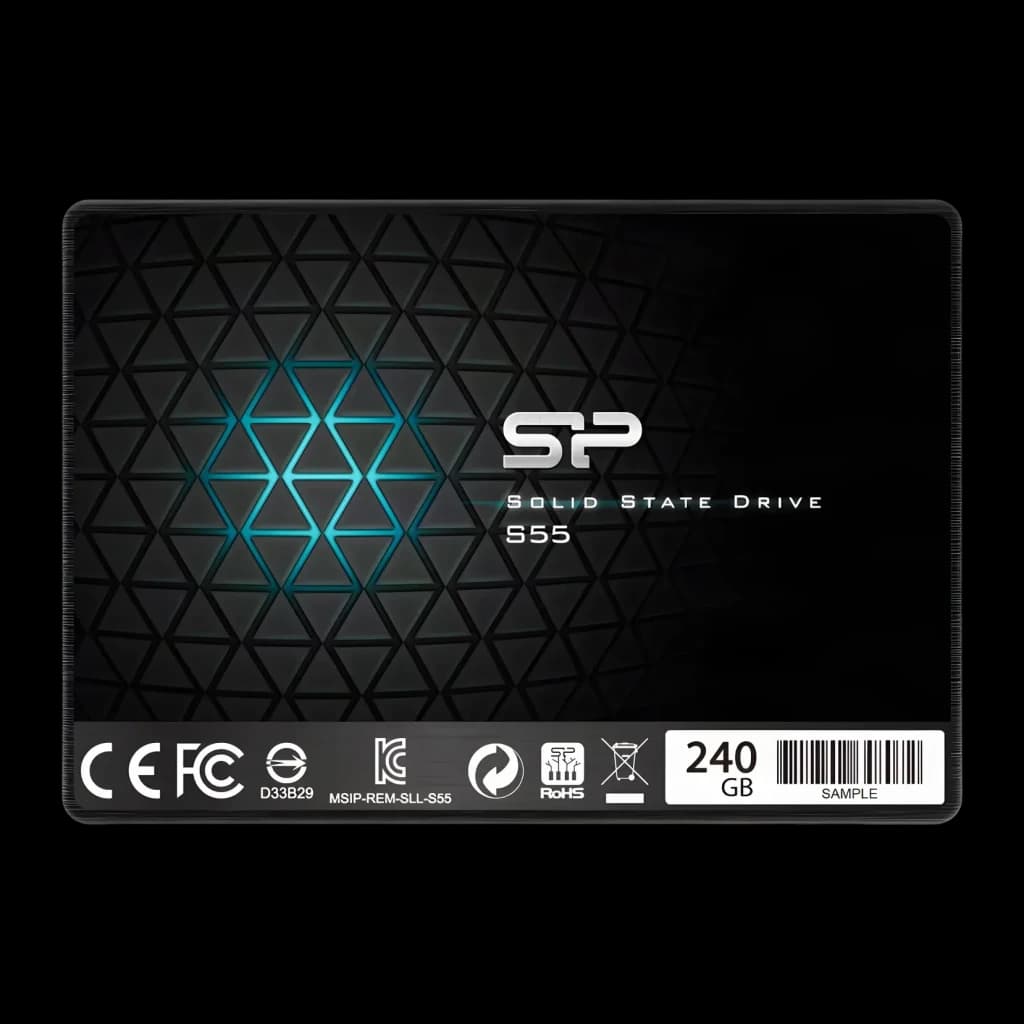 SSD Silicon Power Slim S55 240 Go 2.5 pouces SATA Noir, vue de face: boîtier noir motif triangulaire, logo SP et étiquette